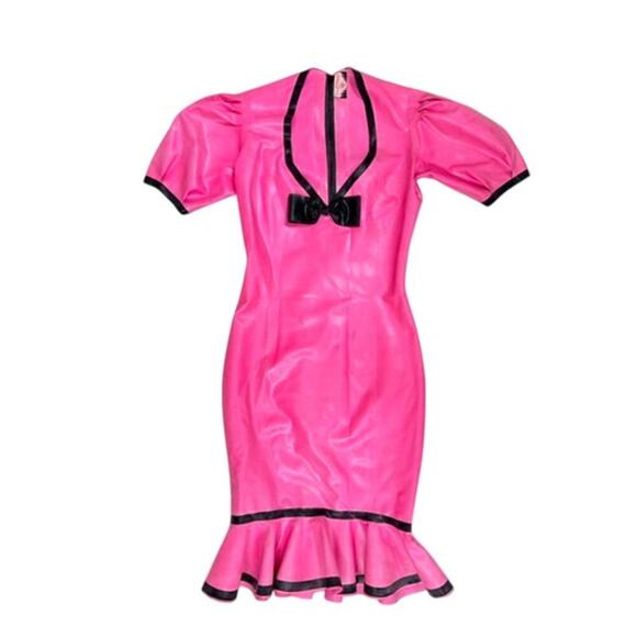 Westward Bound NWT Hot Pink Vinyl Bow Trim Dress Retro Mod PVC Size Sz S - Picture 2 of 6